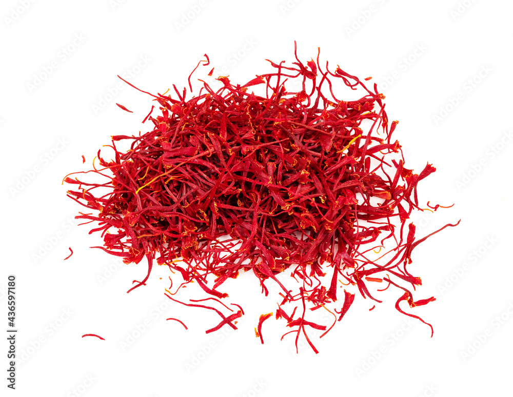 Naklejka premium handful of natural saffron threads on white