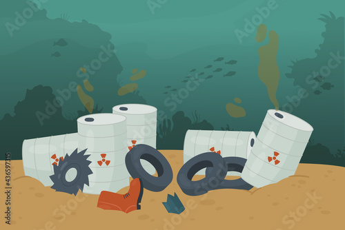 Waste trash pollution in ocean sea water and bottom vector illustration. Cartoon polluted dirty underwater scenery with pile of garbage car tire, poisonous barrel oil tanker, swimming fish background