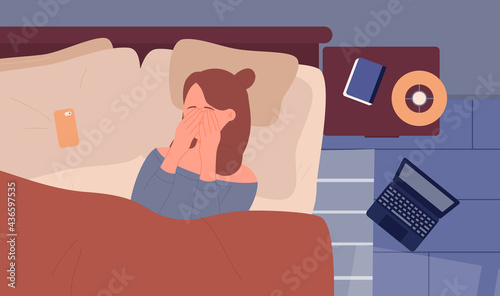 Upset sad girl lying in bed, depression insomnia vector illustration. Cartoon unhappy girl character in bedroom interior suffering headache migraine disease, sadness fatigue mental problem background