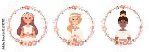 First communion vector set praying girls with Bible