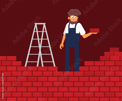 Flat young man bricks stacker with equipment makes wall.