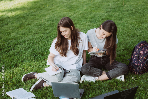 Two female students are sitting in the park on the grass with books and laptops, studying and preparing for exams. Distance education. Soft selective focus.