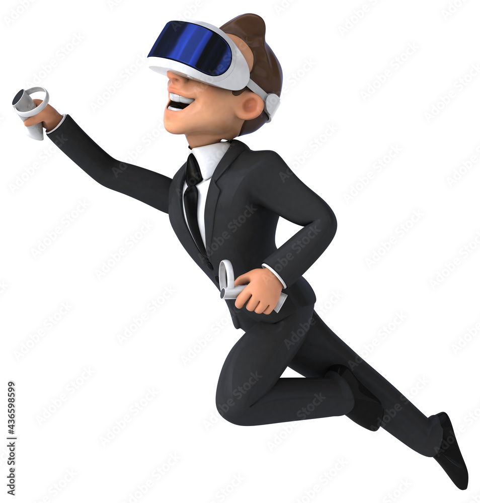Fun 3D illustration of a cartoon businessman with a VR helmet