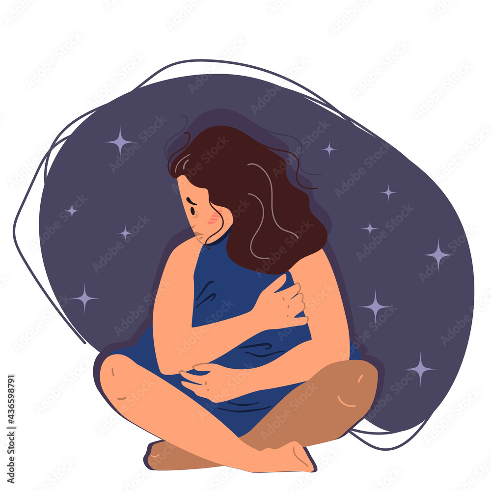 Sleepless girl sitting on the floor and hugging pillow. Woman suffers from insomnia. Flat vector illustration in cartoon style.