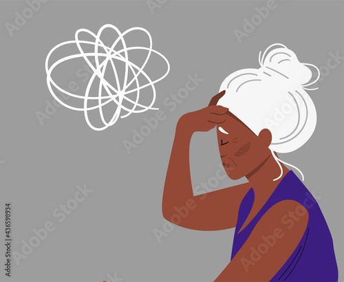 Eldery gray-haired woman with dementia and bewildered thoughts in her mind. Concept of memory loss anf fight with amnesia and mental disorder. Vector illustration.