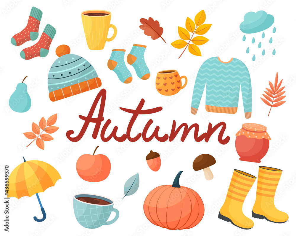 Set of autumn items in cartoon style. Isolated on a white background. Collection of elements for autumn
Set of autumn items in cartoon style. Isolated on a white background. Collection of elements for autumn