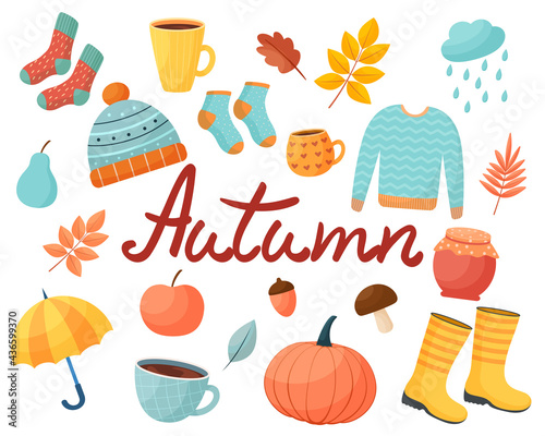 Set of autumn items in cartoon style. Isolated on a white background. Collection of elements for autumn 