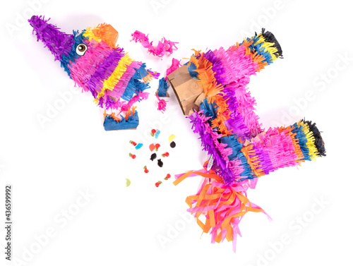 Broken colorful donkey pinata isolated on white photo