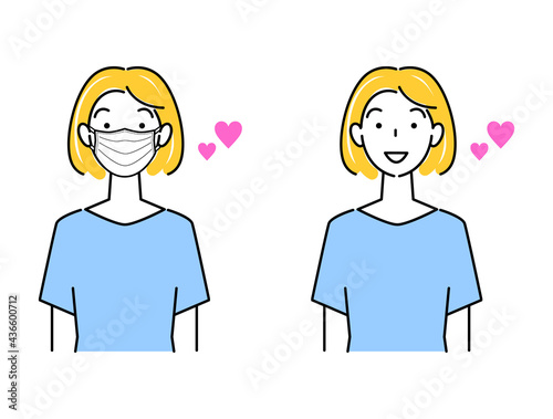 マスクをしている女性とマスクをしていない女性の可愛いイラストセット シンプル ベクター