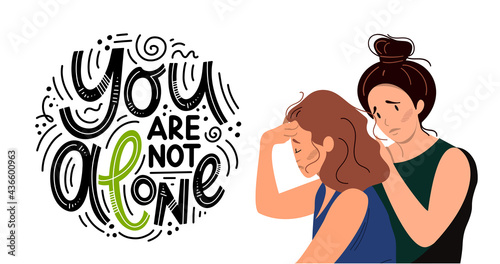 Mental health concept. Sad woman with depression sitting on the floor. Colorful vector illustration in flat cartoon style..