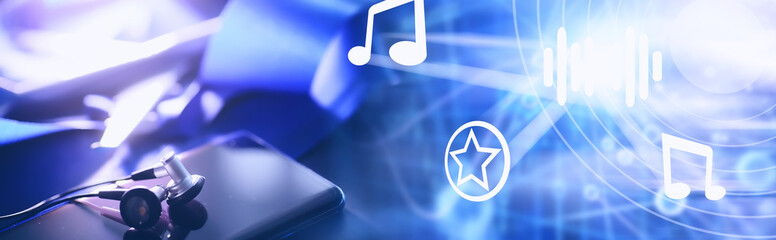 Fotobehang Muziekwinkel Smartphone met oortjes op tafel  © alexkich