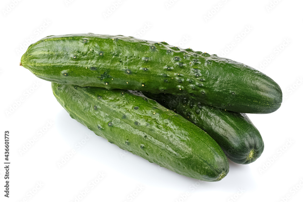 Three ripe green cucumber in stack isolated on white background Three ripe green cucumber in stack isolated on white background