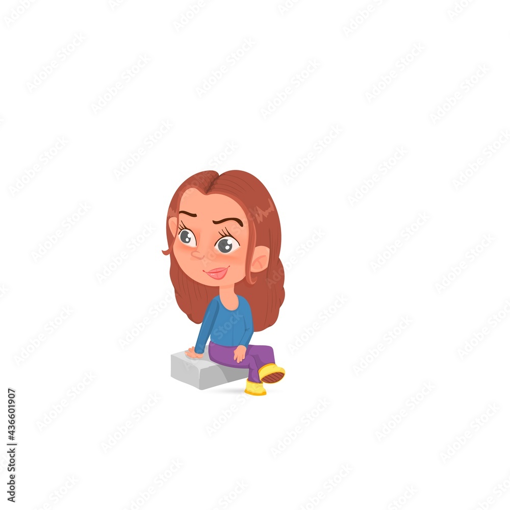 Cute little girl sitting, cartoon character. Cute little girl sitting, cartoon character.