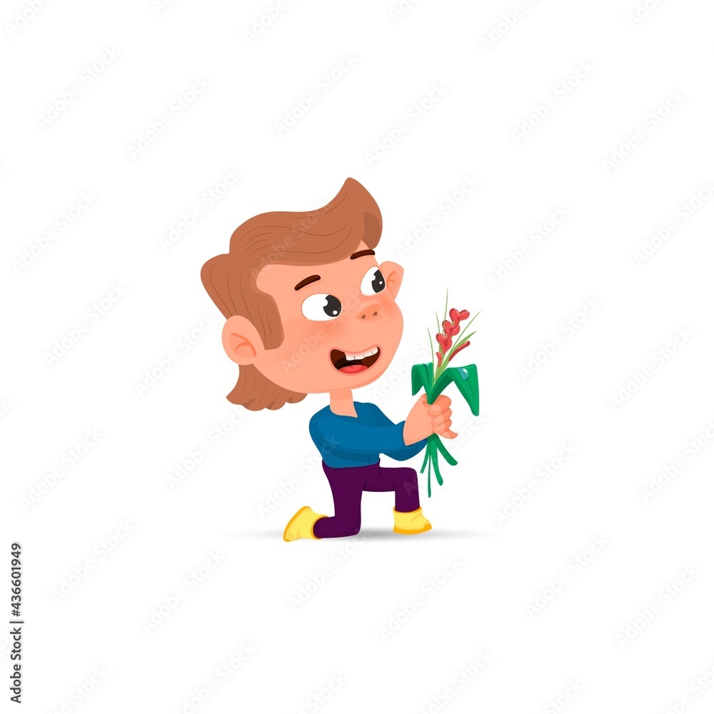 Boy with flowers on one knee, cartoon style.