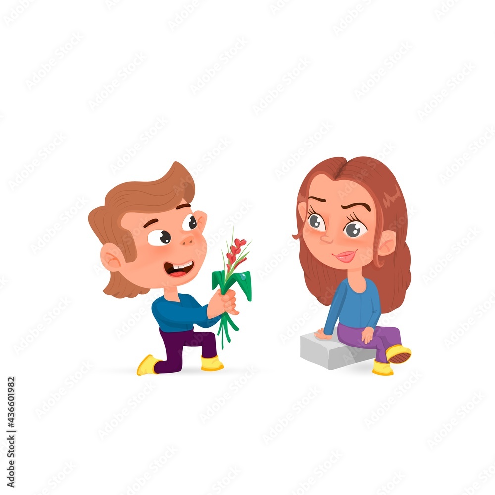 Boy on one knee giving flowers to a girl, cartoon style. Boy on one knee giving flowers to a girl, cartoon style.
