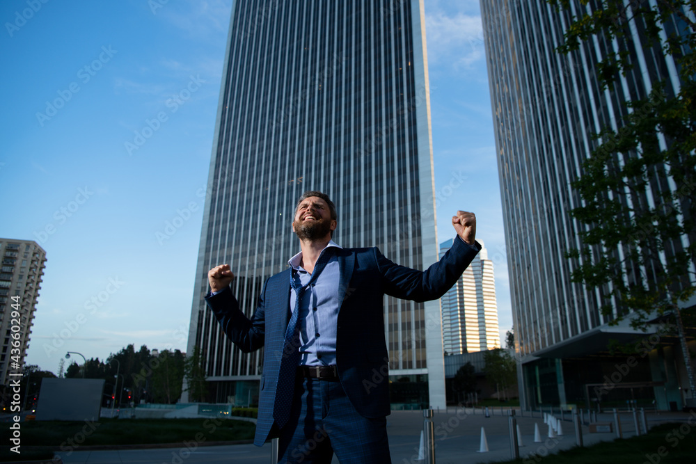 Overworked excited businessman. Hard business at work office outdoor. Overworked excited businessman. Hard business at work office outdoor.