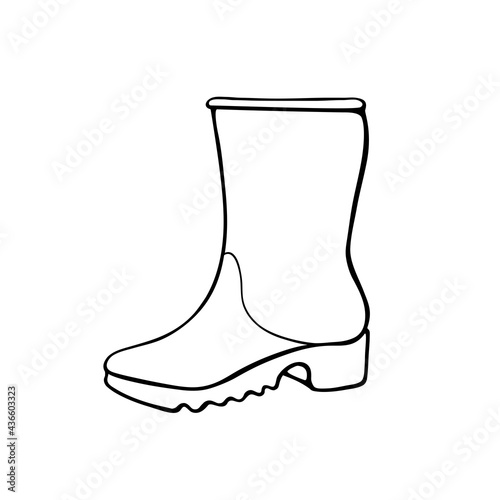 Vector outline rubber rain boot for rainy weather or gardening. Hand drawn element of clothes, clip art in doodle style, isolated