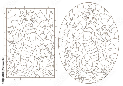 Set of contour illustrations of stained glass Windows with mermaids, dark contours on a white background