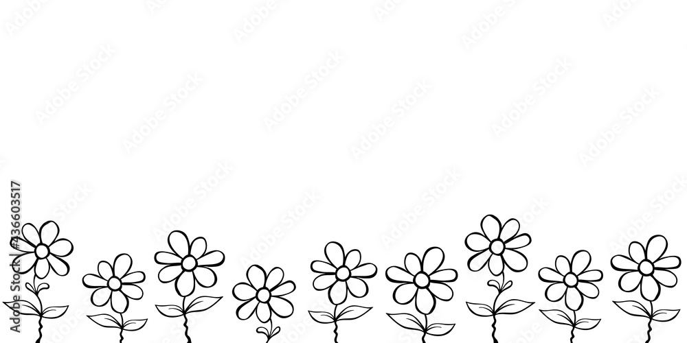 Row of contour flowers in cartoon doodle. Vector hand drawn spring background isolated. Horizontal bottom edging, border, decoration for greeting card, invitation, Valentine's, Women's or Mother day Row of contour flowers in cartoon doodle. Vector hand drawn spring background isolated. Horizontal bottom edging, border, decoration for greeting card, invitation, Valentine's, Women's or Mother day
