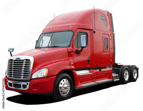 Large American modern tractor truck in full red color isolated on white background.