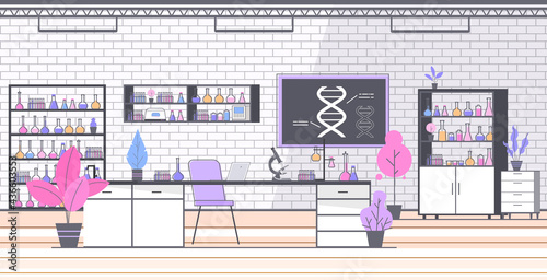 empty no people chemical research laboratory with different equipment scientist workplace science education concept