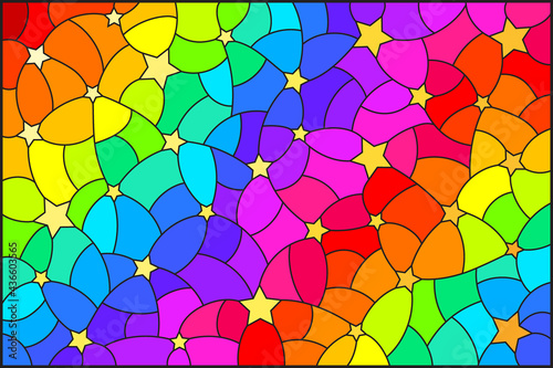 Illustration in the style of stained glass with an abstract background, stars on a rainbow background