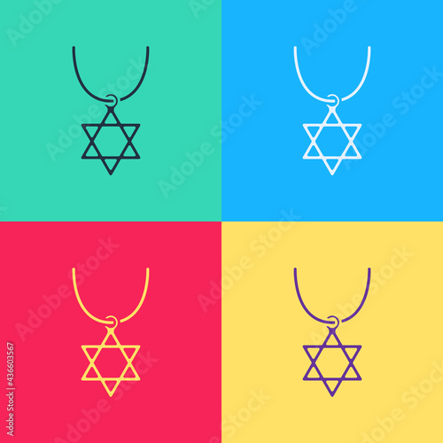 Pop art Star of David necklace on chain icon isolated on color background. Jewish religion symbol. Symbol of Israel. Jewellery and accessory. Vector