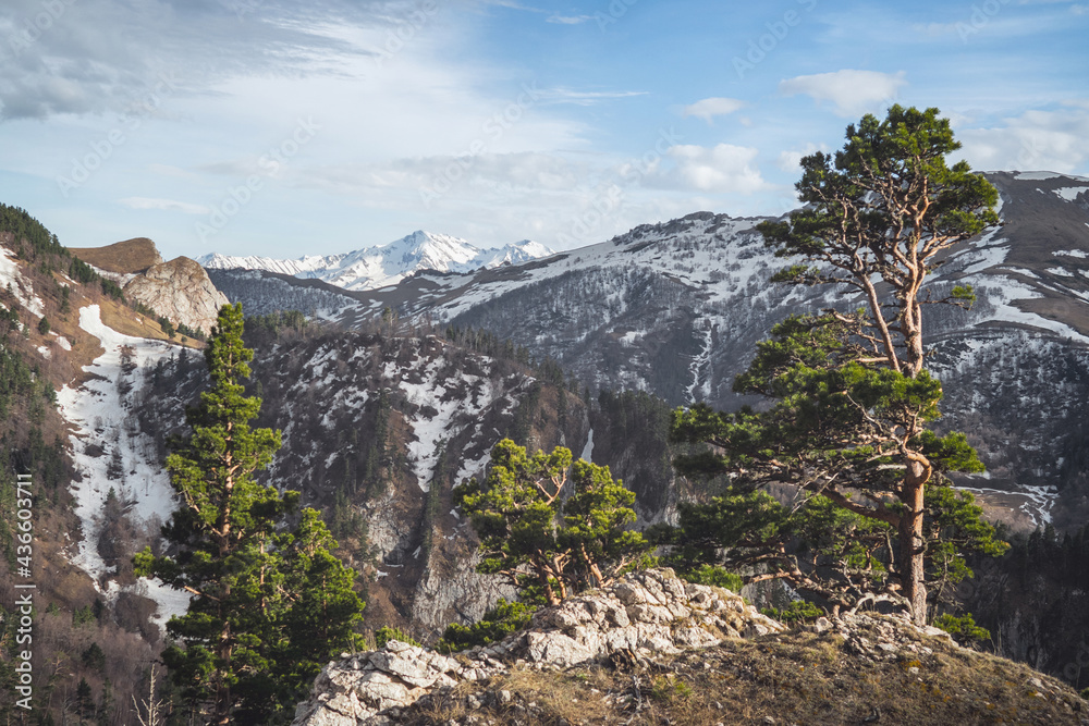 Beautiful mountain valley with the remains of snow. Early spring in the Caucasus mountains.