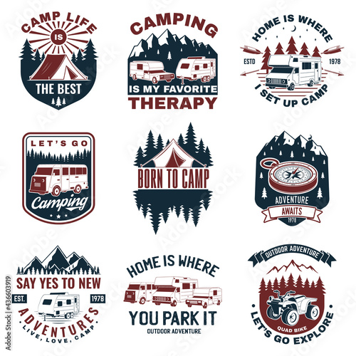 Set of camping badges. Vector. Concept for shirt or logo, print, stamp or tee. Vintage typography design with quad bike, tent, mountain, camper trailer and forest silhouette.