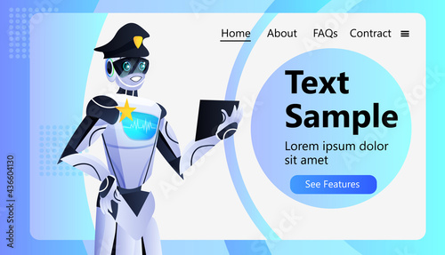 police robot patrol cop in uniform using tablet pc artificial intelligence technology concept