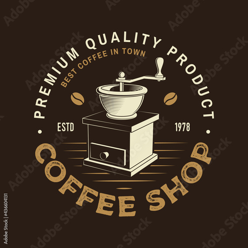 Coffe shop logo, badge template. Vector . Typography design with coffee grinder silhouette. Template for menu for restaurant, cafe, bar, packaging