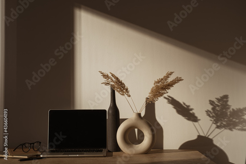 Laptop computer with blank screen on table with pampas grass bouquet in sunlight shadows on the wall. Aesthetic boho office workspace interior design. Sunlight shade reflections