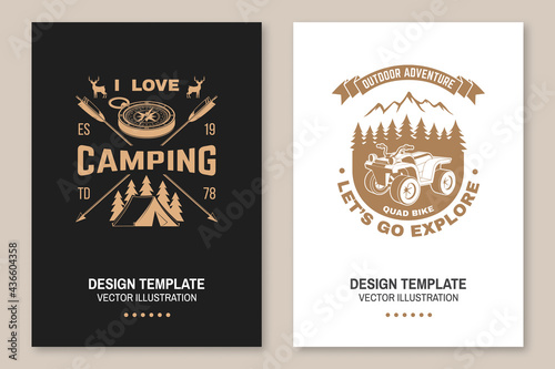 Set of camping template. Vector. Flyer, brochure, banner, poster design with quad bike, tent, mountain, camper trailer and forest silhouette.