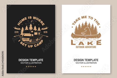 Set of camping template. Vector illustration Concept for shirt or logo, print, stamp or tee. Vintage typography design with quad bike, bear in canoe, camper trailer and forest silhouette.