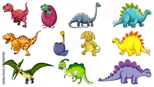 Different dinosaurs cartoon character and fantasy dragons isolated