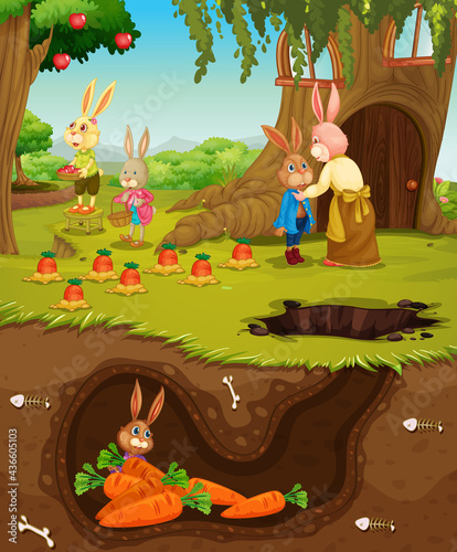 Underground rabbit hole with ground surface of the garden scene