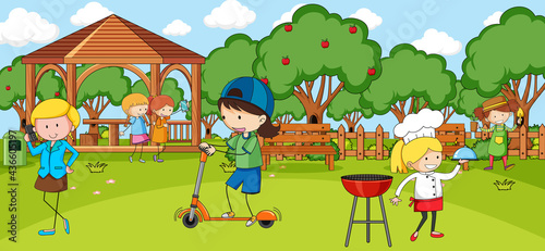 Outdoor scene with many kids playing in the park