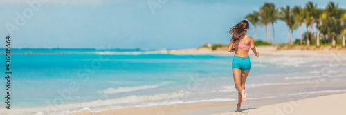 Fototapeta Naklejka Na Ścianę i Meble -  Athlete runner fitness woman running on Caribbean beach landscape banner panoramic background. Active exercise fit girl training cardio in summer lifestyle.