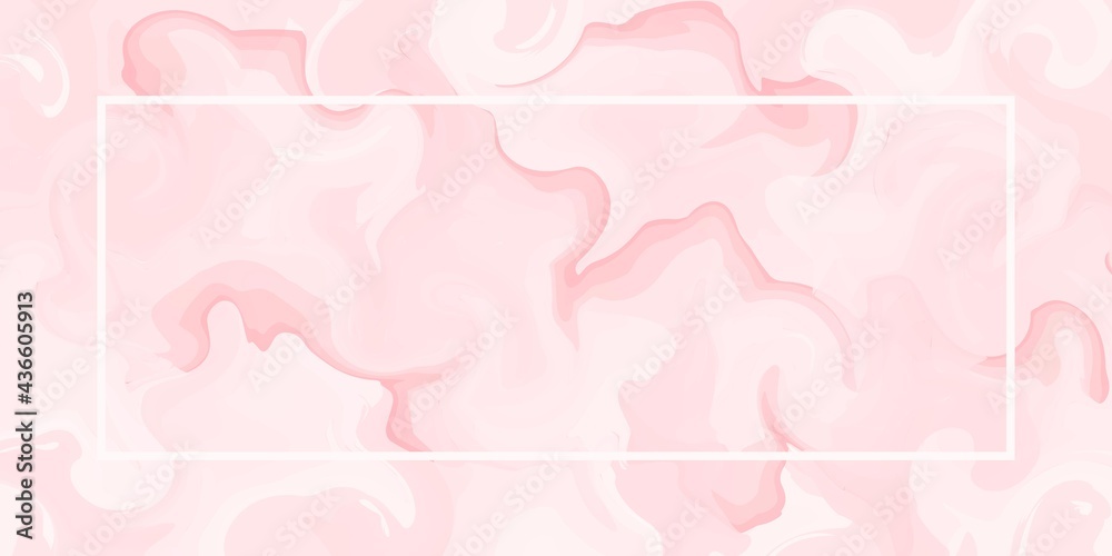 Pink marble. Vector pink liquid marble background with frame. Watercolor abstraction with curls for a natural texture. Fashionable template for design products.