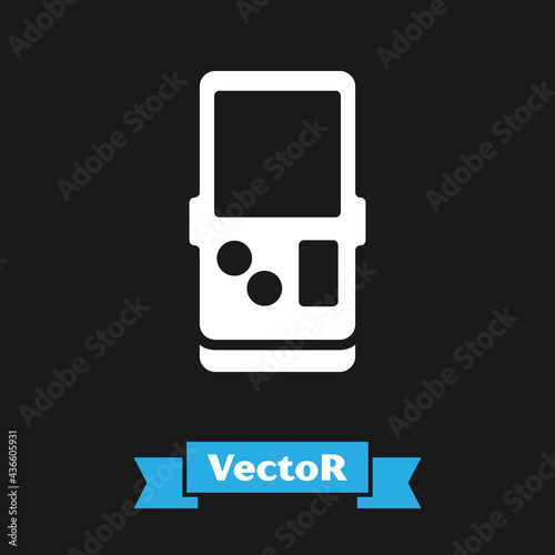 White Portable tetris electronic game icon isolated on black background. Vintage style pocket brick game. Interactive playing device. Vector