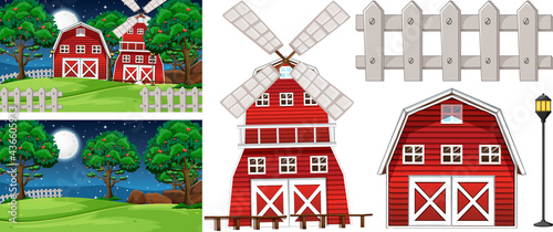 Farm element set isolated with farm scene