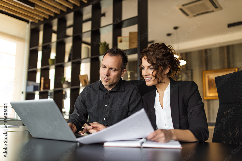 Two business people working together, portrait. Two business people working together, portrait.
