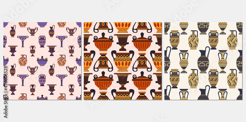 Ancient Greek vases seamless pattern vector illustration. Old amphora texture design. Antique decorative jug background. Historical vintage wrapping.