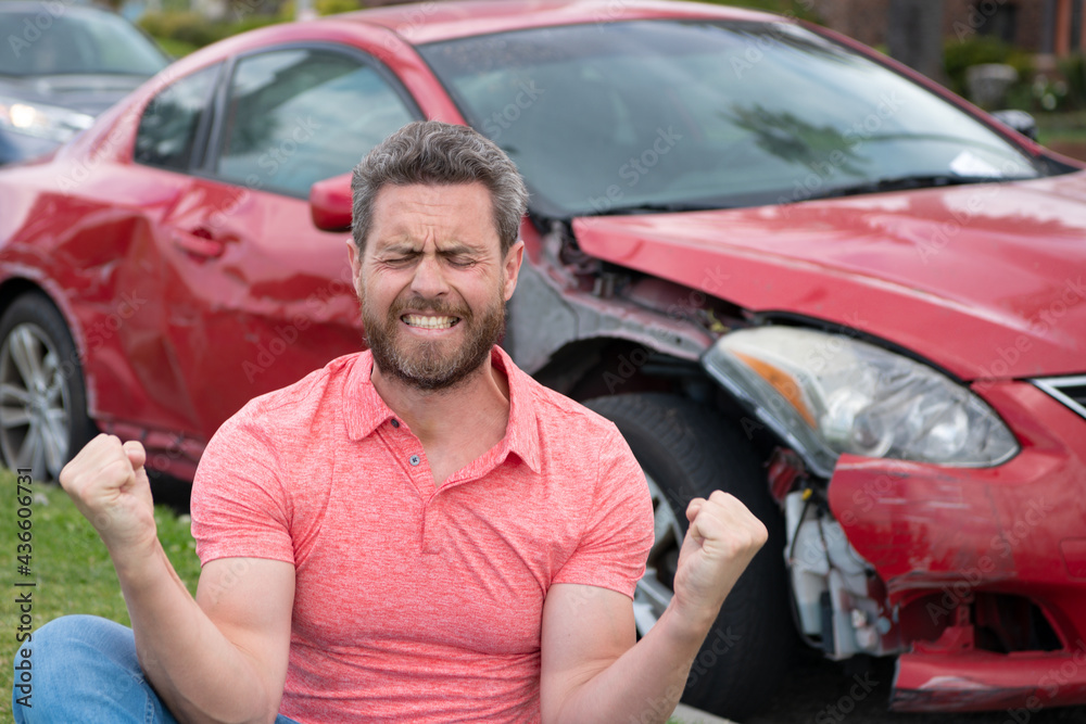 The car broke down, driver shocked. Road trip problems and assistance concepts. The car broke down, driver shocked. Road trip problems and assistance concepts.