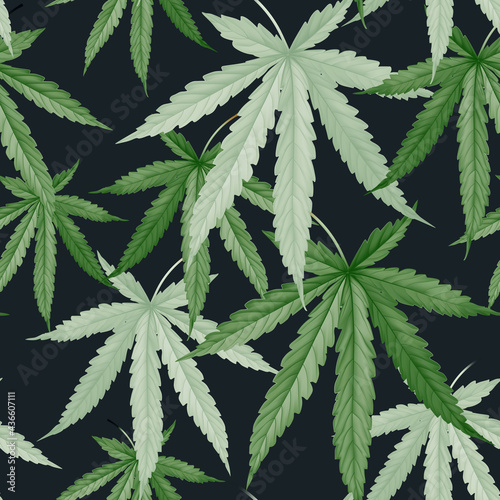 Foliage seamless pattern, green cannabis leaves on dark grey