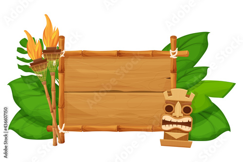 Tiki tribal hawaiian mask, statuette with human face on bamboo wooden frame with torch in cartoon style decorated exotic, palm leaves isolated on white background. God from ancient of Hawaii. 