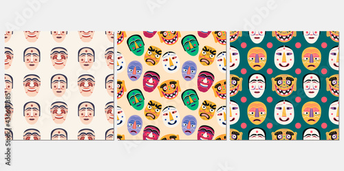 Traditional Korean mask seamless pattern vector illustration set.  Folk Asian culture texture design. Ethnic festival symbols background. Hahoetal wrapping.