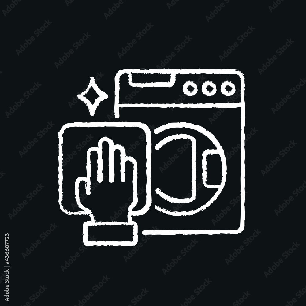 Hand wiping washing machine chalk icon. Plumbing Disinfection. Vector isolated black illustration. Hand wiping washing machine chalk icon. Plumbing Disinfection. Vector isolated black illustration.