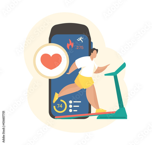Smart online workout app. Man runs treadmill with cardio control mobile application. Digital indicators calorie burn fitness tracker and bracelet. Online physical trainer. Vector flat concept
