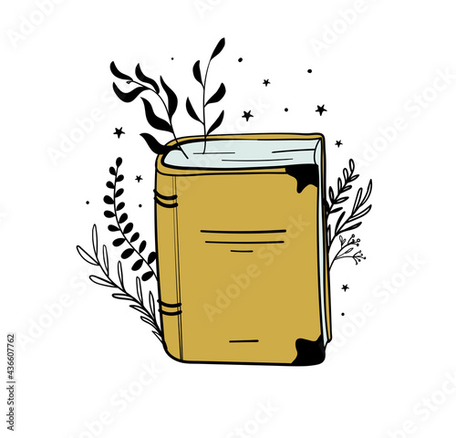 Old yellow book with plant branches and leaves, vintage boho design, tattoo hand drawing. Old illustration isolated on white background.